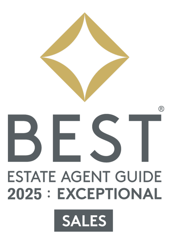 Gold and gray logo displaying "Best Estate Agent Guide 2025: Exceptional" with a diamond shape above. The word "Sales" is at the bottom.