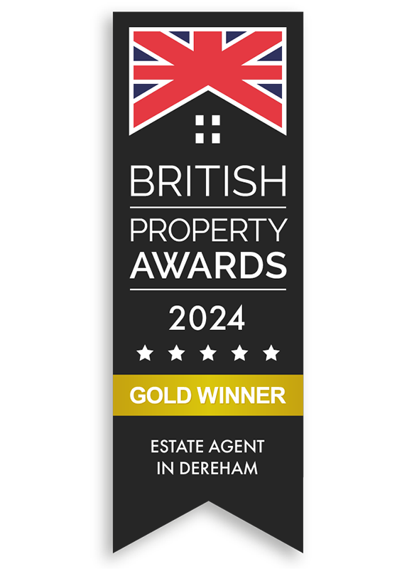 British Property Awards 2024 banner, showing a Union Jack flag and indicating a gold winner for an estate agent in Dereham.